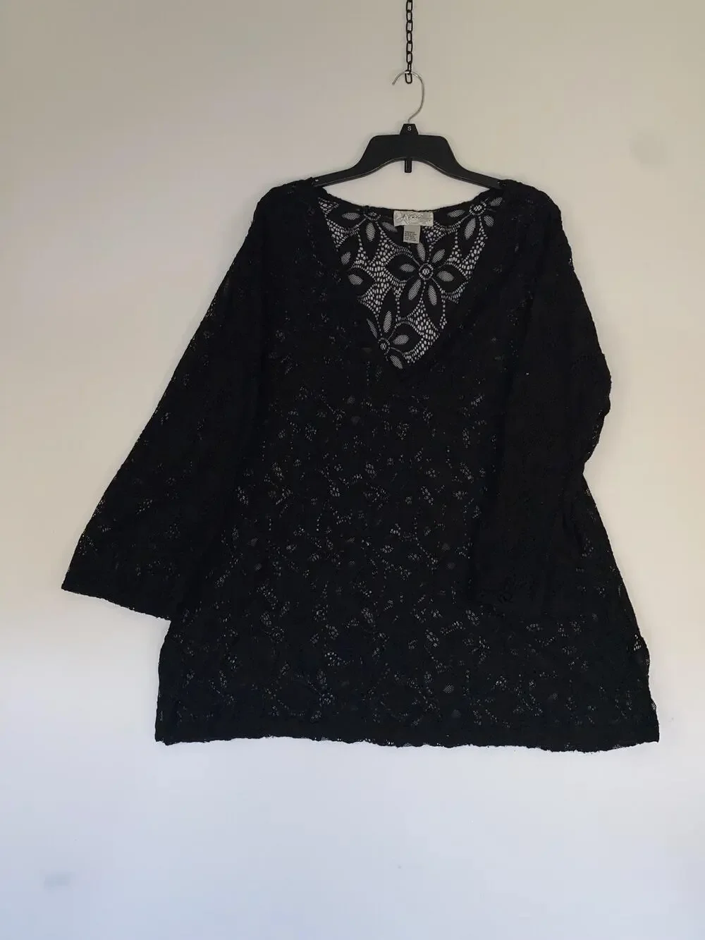 J Valdi Cover Up Womens XL Black Crochet Lace Sheer Floral Swim Tunic Top